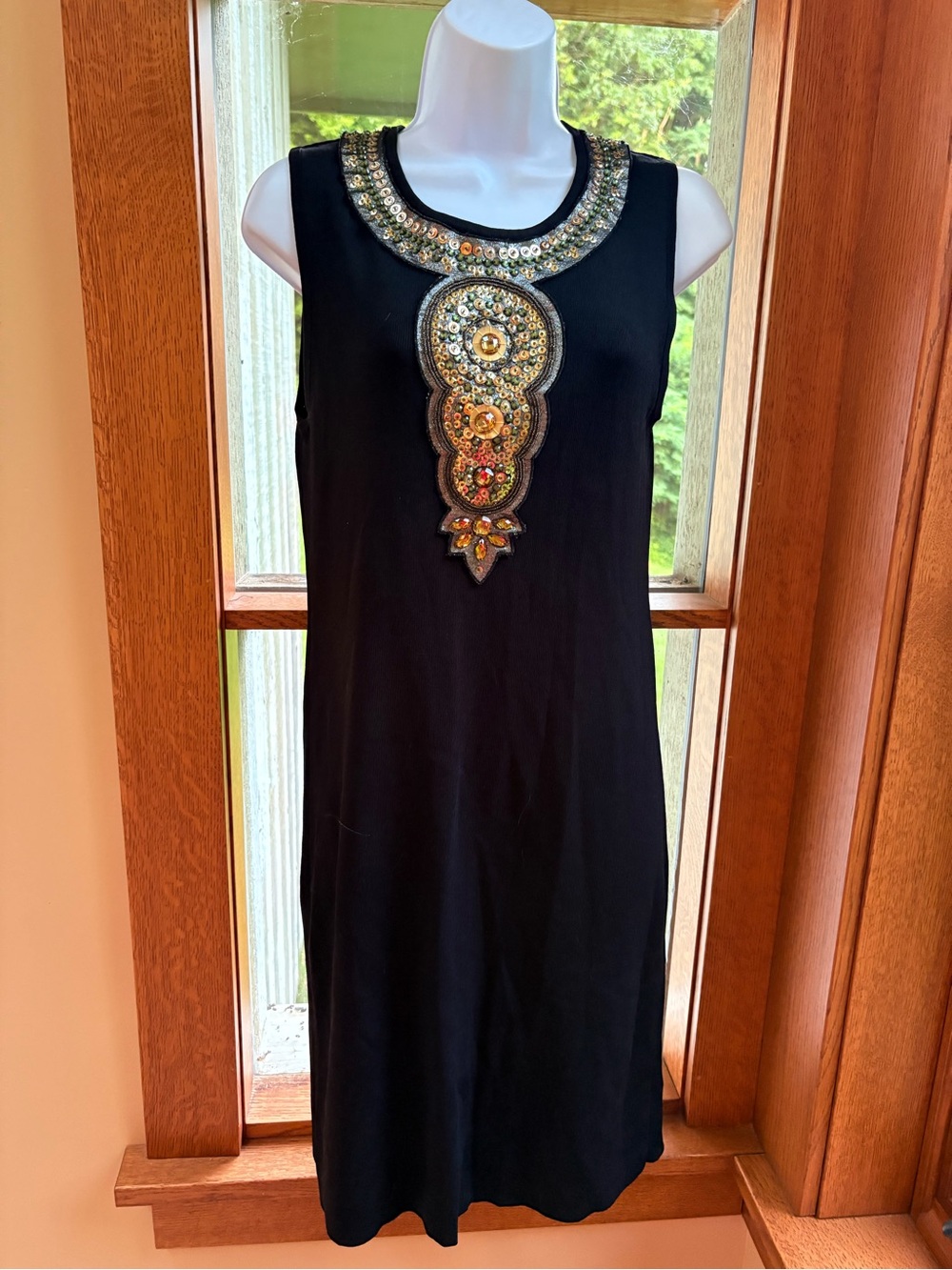 Adrienne Vittadini Black Knit Dress Sequin Jewel Embellished Egyptian Art Deco S